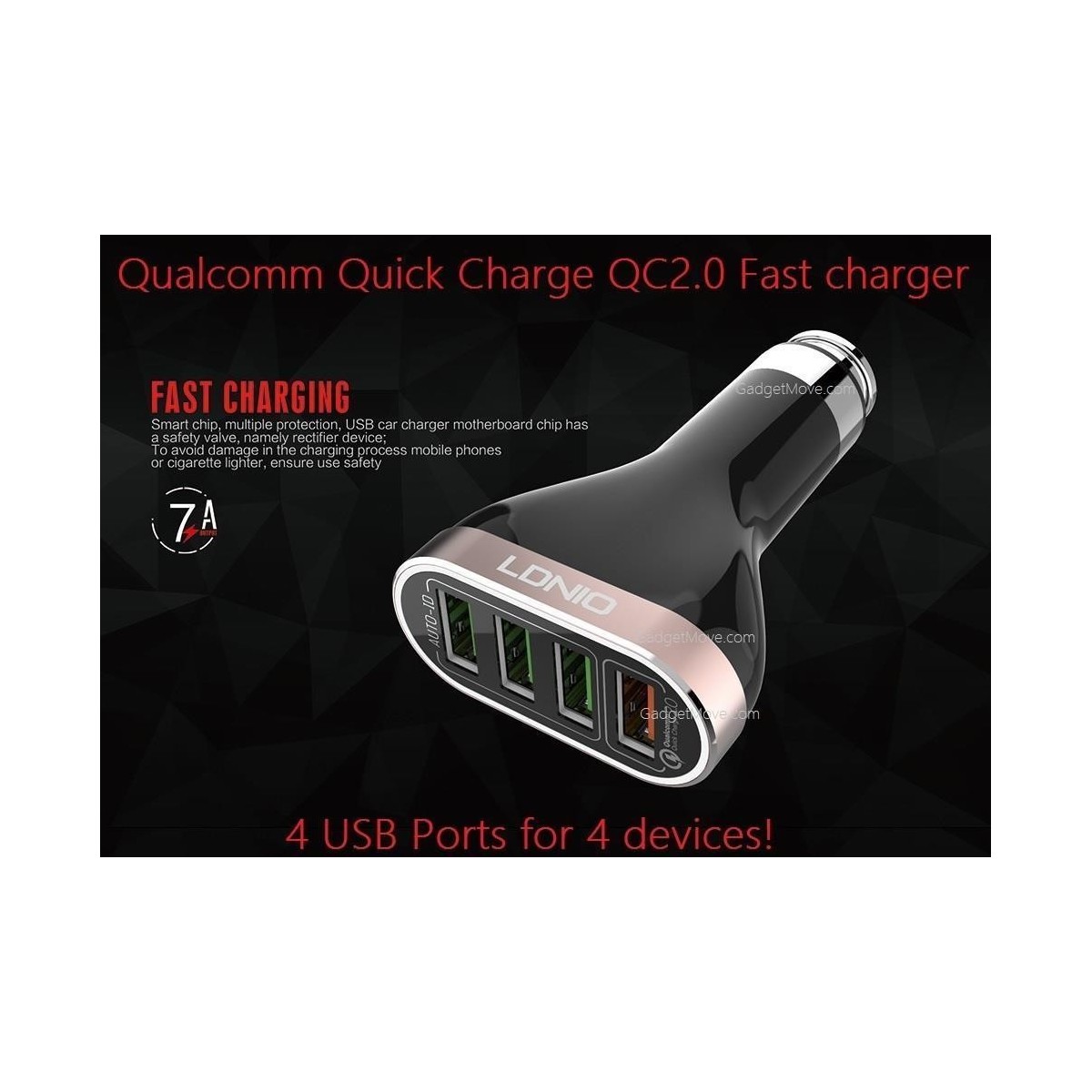 Chargeur de voiture LDNIO C701QS 4 Ports USB, 6.6A avec Câble Micro-USB