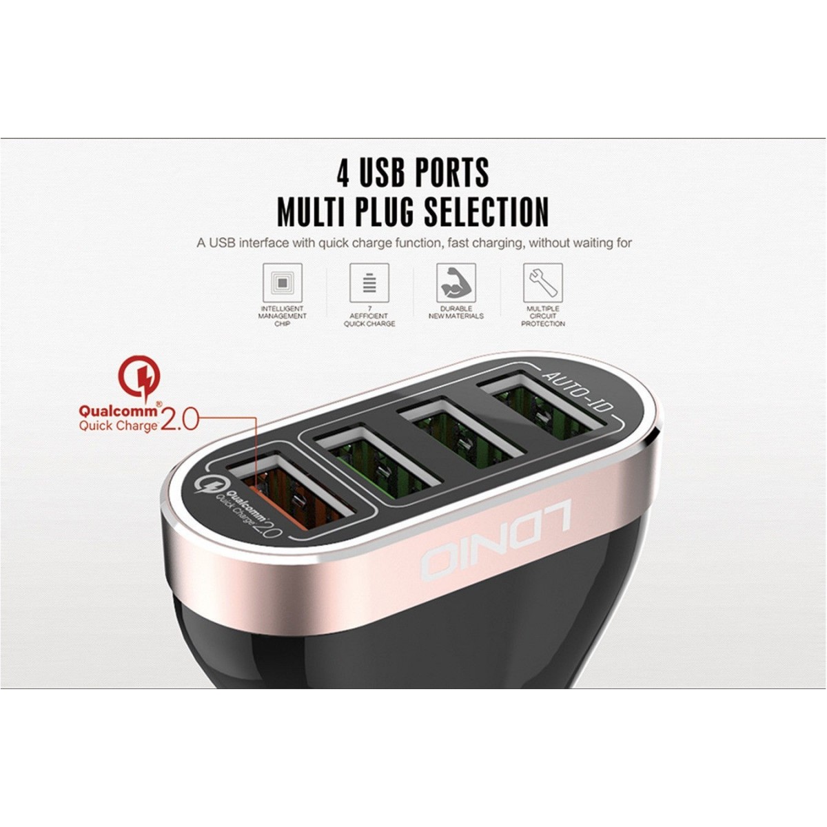 Chargeur de voiture LDNIO C701QS 4 Ports USB, 6.6A avec Câble Micro-USB