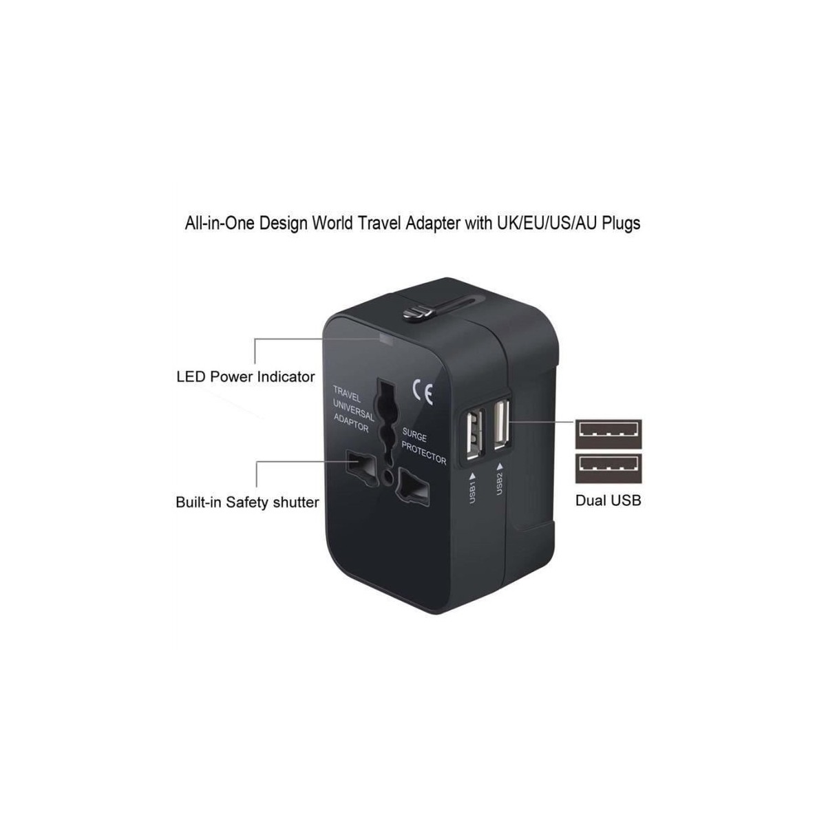 Chargeur Adaptateur de Voyage Universel, US EU UK AU avec 2 USB Ports