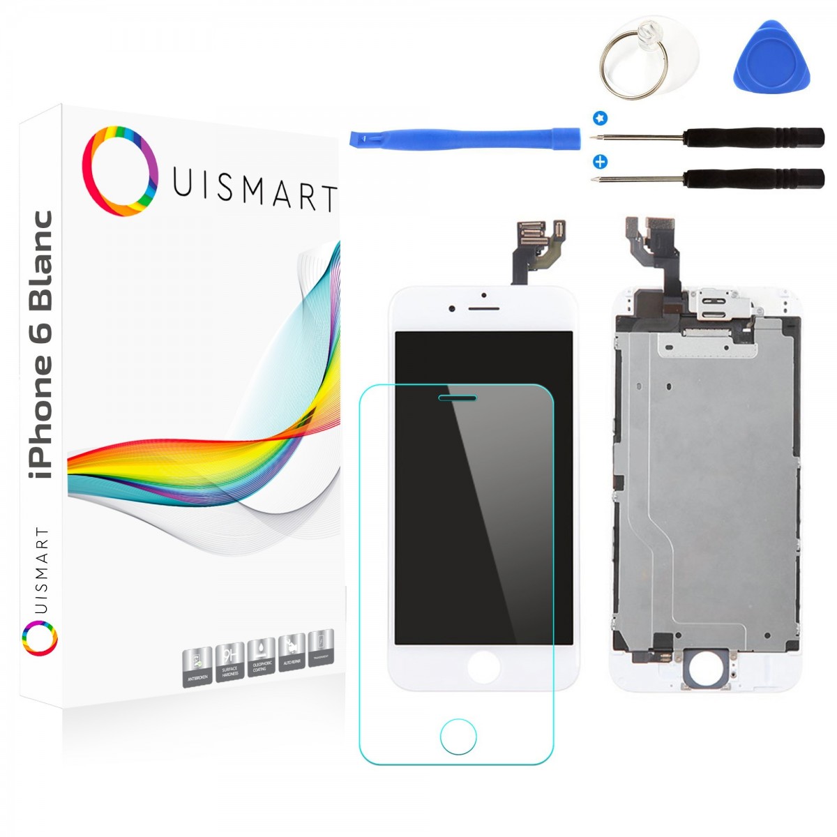 OuiSmart® BOITE BLOC COMPLET POUR IPHONE 6 BLANC TOUT ASSEMBLÉ VITRE TACTILE + ECRAN LCD + 1 VERRE TREMPE + BOITE FBC