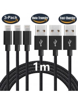 Pack de 3 Câbles Chargeurs 1m en nylon tressé pour iPhone Xs max/Xs/XR/X 8 8Plus 7 7Plus 6 6S Plus/iPad/iPod