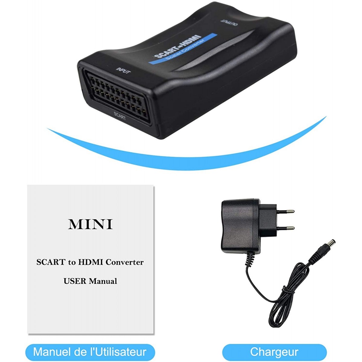 Convertisseur avec cable USB-12V 1080P SCART vers HDMI Adaptateur de Signal CRT TV, VHS VCR, DVD Support NTSC PAL