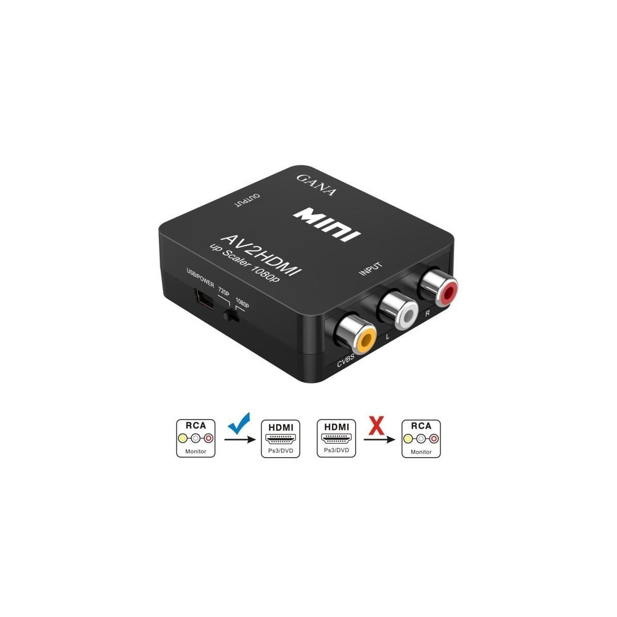 Adaptateur RCA vers HDMI, Adaptateur vidéo Mini AV vers HDMI compatible 1080P AV2HDMI Noir