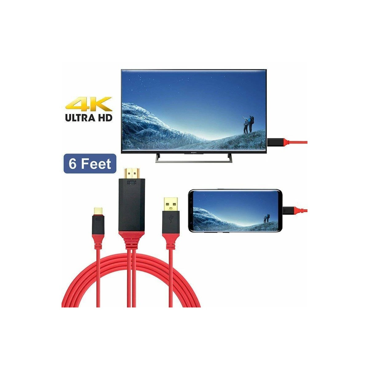 Câble Adaptateur Type-C vers HDMI Rouge 2 M Ultra HD 1080P 4K + USB