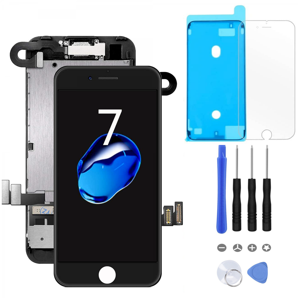 BLOC LCD POUR IPHONE 7 NOIR TOUT ASSEMBLÉ VITRE TACTILE + ECRAN LCD + 1 VERRE TREMPÉ + JOINT