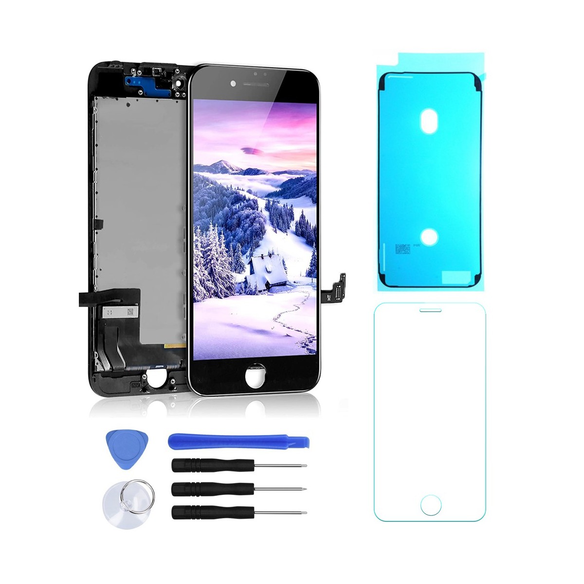 ECRAN LCD POUR IPHONE 7 NOIR + VITRE TACTILE SUR CHASSIS + KIT OUTILS + JOINT + VERRE