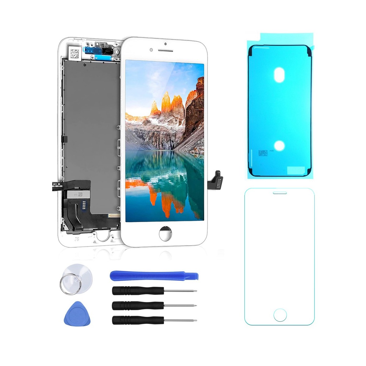 ECRAN LCD POUR IPHONE 8 BLANC + VITRE TACTILE SUR CHASSIS + KIT OUTILS + JOINT + VERRE