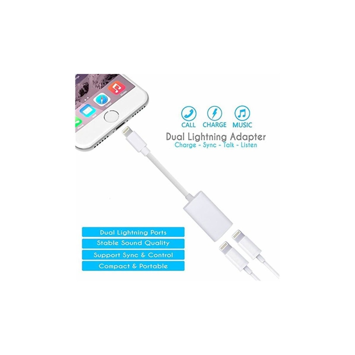 Adaptateur et Splitter double casque audio & Chargeur iPhone Blanc