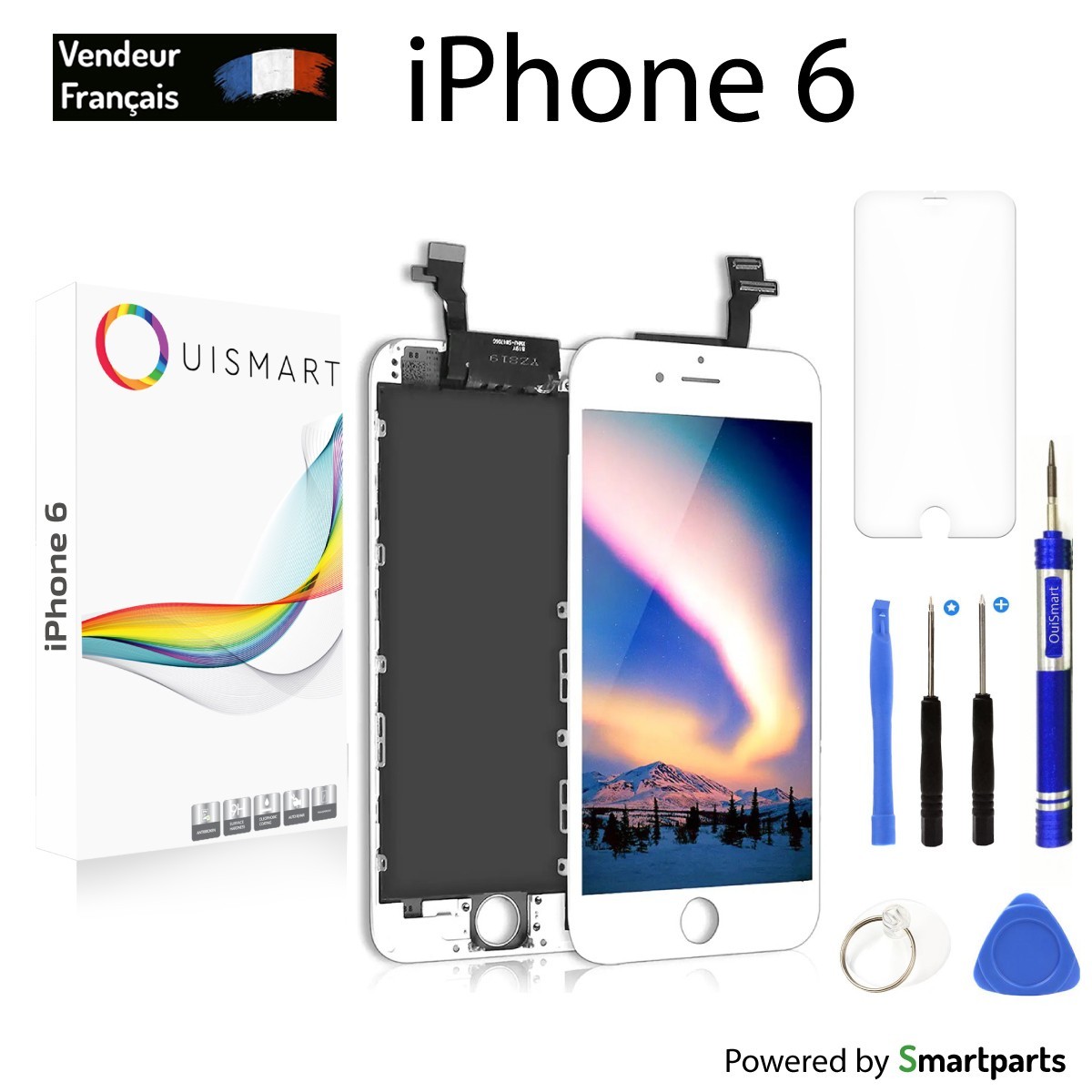 OuiSmart® ECRAN LCD POUR IPHONE 6 BLANC RETINA + VITRE TACTILE COMPLET SUR CHASSIS + OUTILS + 1 VERRE TREMPÉ