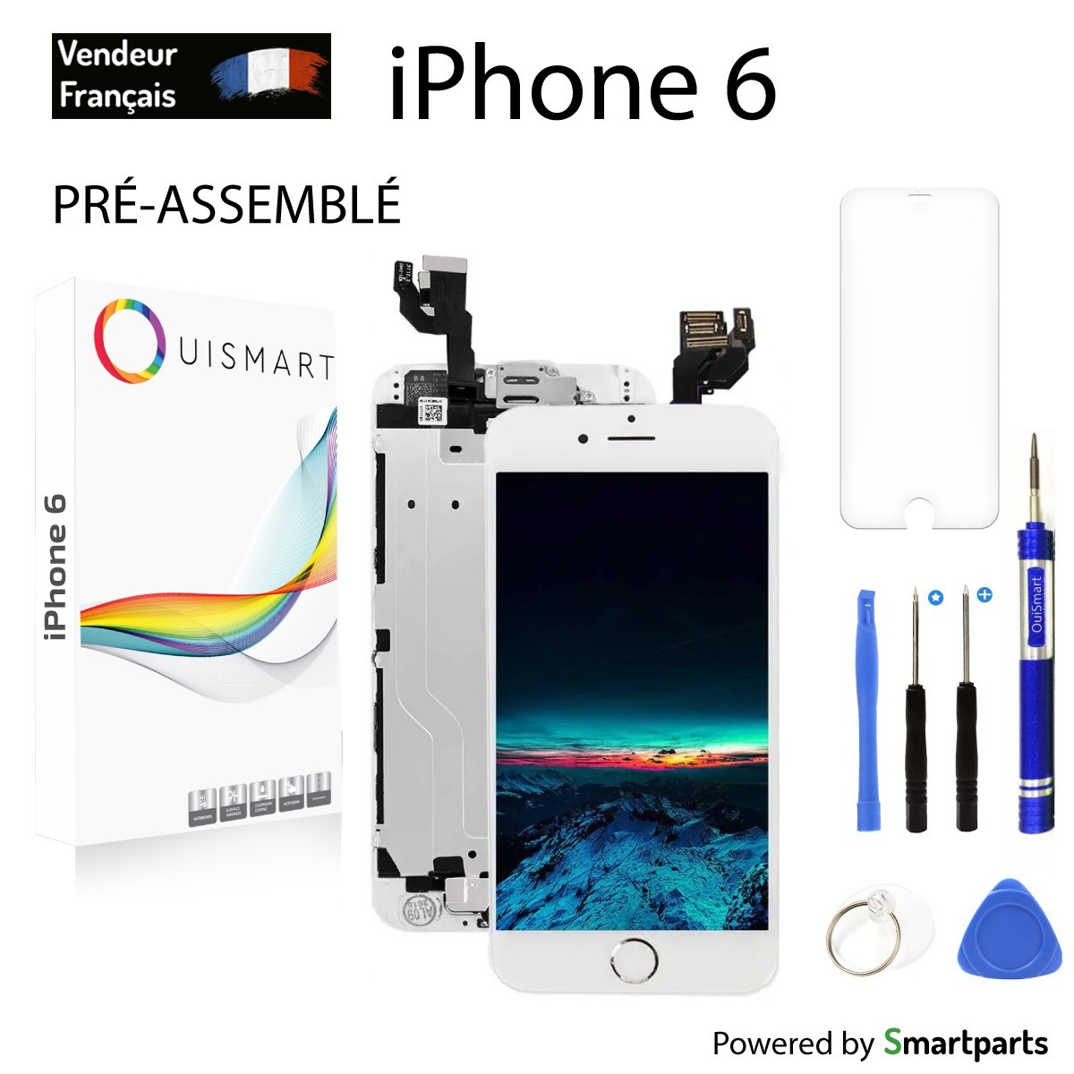 OuiSmart® BOITE BLOC COMPLET POUR IPHONE 6 BLANC TOUT ASSEMBLÉ VITRE TACTILE + ECRAN LCD + 1 VERRE TREMPE + BOITE FBC