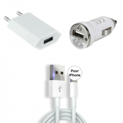 Chargeur + Chargeur Voiture + Cable compatible iPhone 5C/6S/7/8/X/XS/XR/11