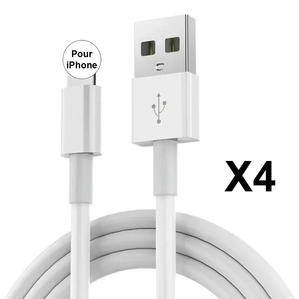 LOT DE 4 CABLES COMPATIBLES AVEC IPHONE 14 13 12 11 X XS XSMAX XR 5 S 6 7 8