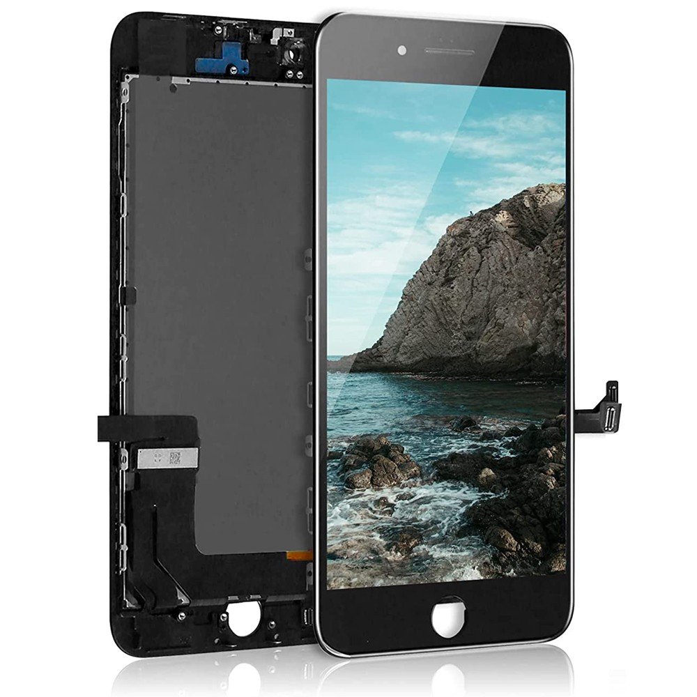 ECRAN LCD POUR IPHONE 8 PLUS NOIR NU + VITRE TACTILE SUR CHASSIS SANS OUTILS